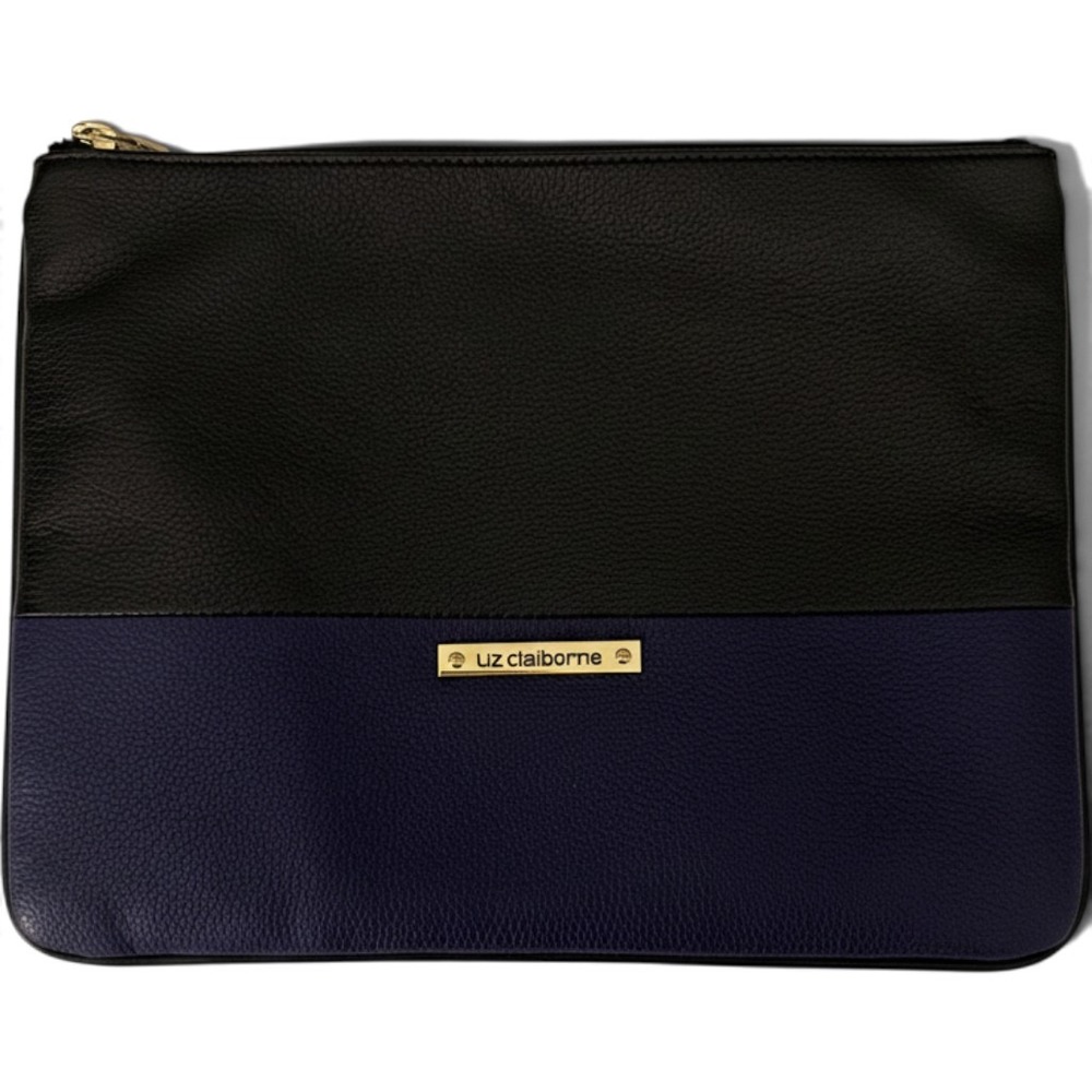 Liz Claiborne Womens Black Navy Blue Leather Colorblock Zip Clutch Bag Pouch